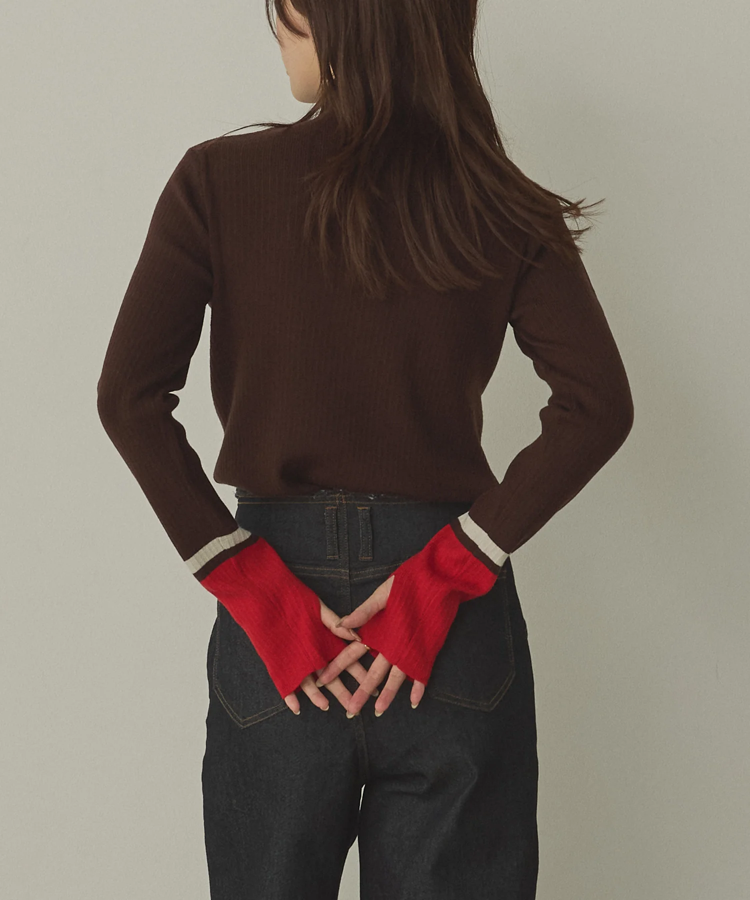 【静電気防止】やわもちヤーン 袖配色 ハイネックリブニット