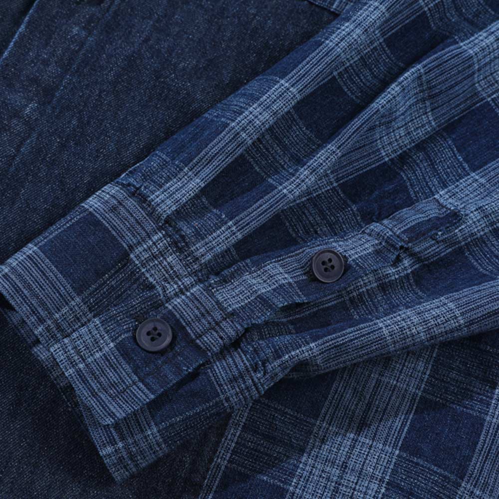 アメカジ　藍染チェック柄パッチワークシャツ