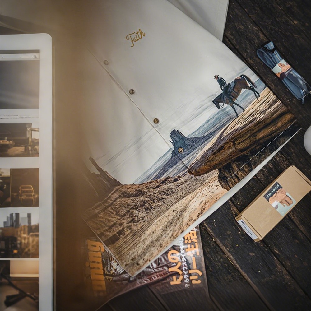 「モニュメントバレー・ライダー」軽量チェーンステッチ刺繍折り襟シャツ