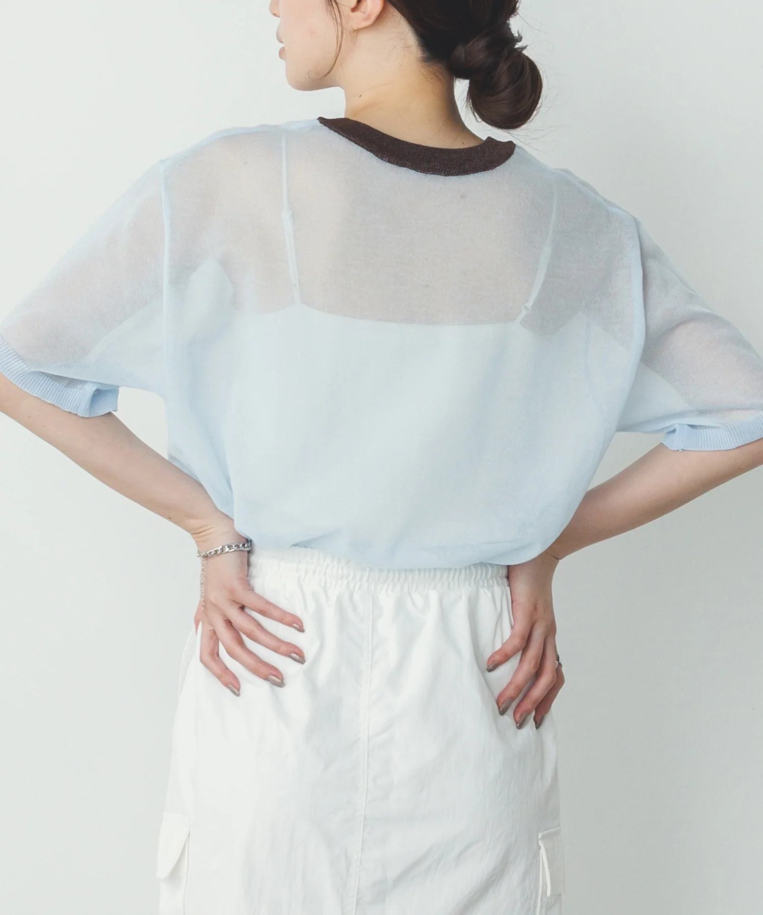 バイカラー シアー半袖ニット