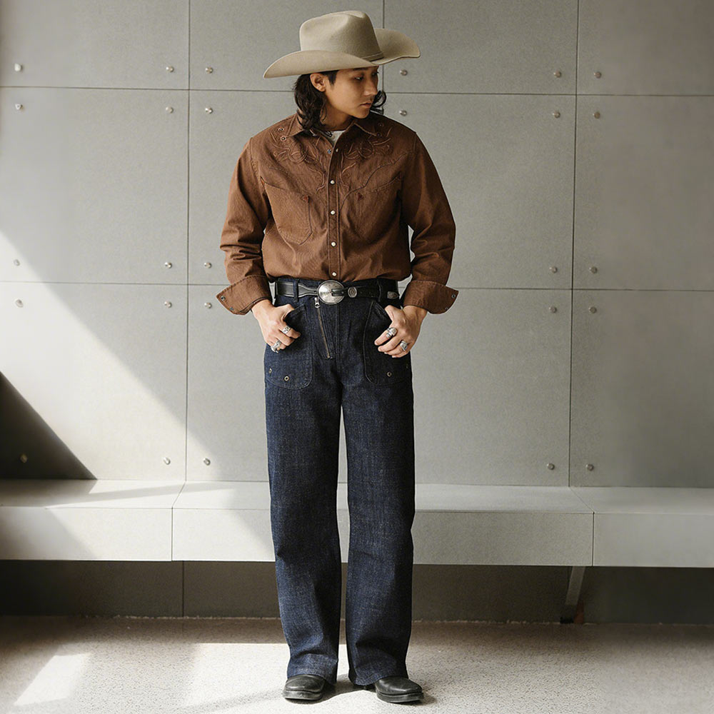 アメカジ　ウエスタンレトロ風刺繍ストライプシャツ