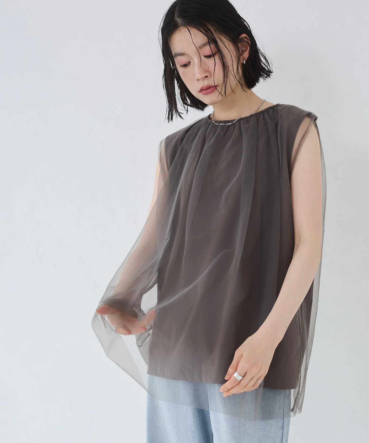 【接触冷感】チュールレイヤードトップス