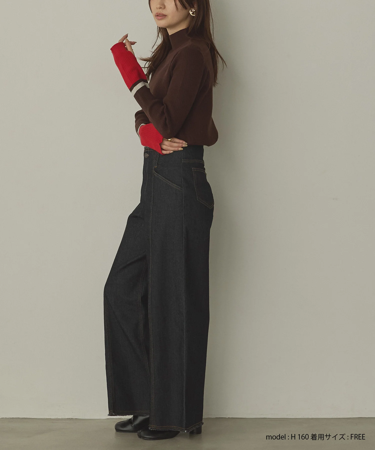 【静電気防止】やわもちヤーン 袖配色 ハイネックリブニット