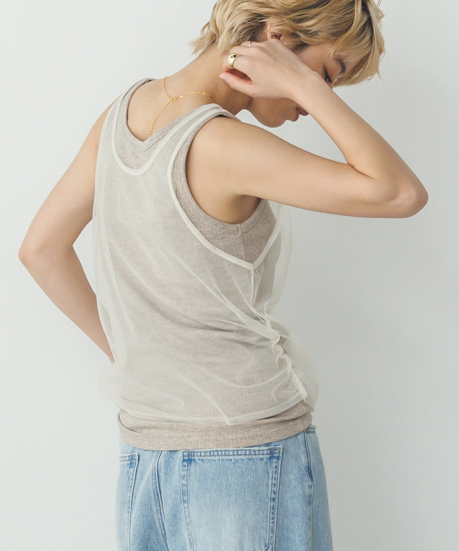 チュールレイヤード リブタンクトップ