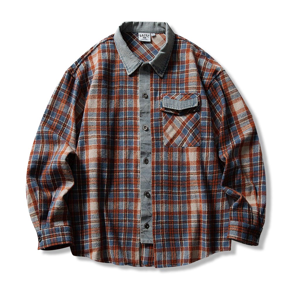 配色チェック切り替えデニム　長袖シャツジャケット