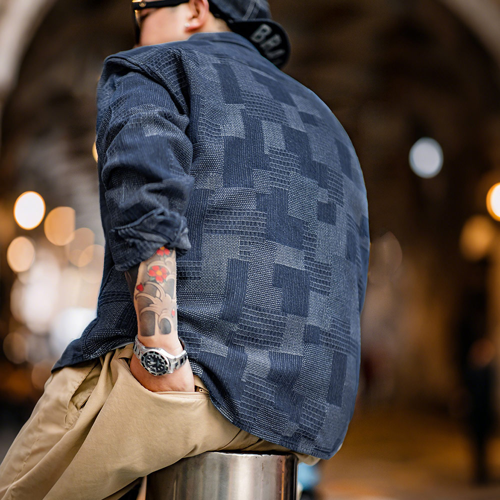 襤褸風刺し子先染めデニムシャツ