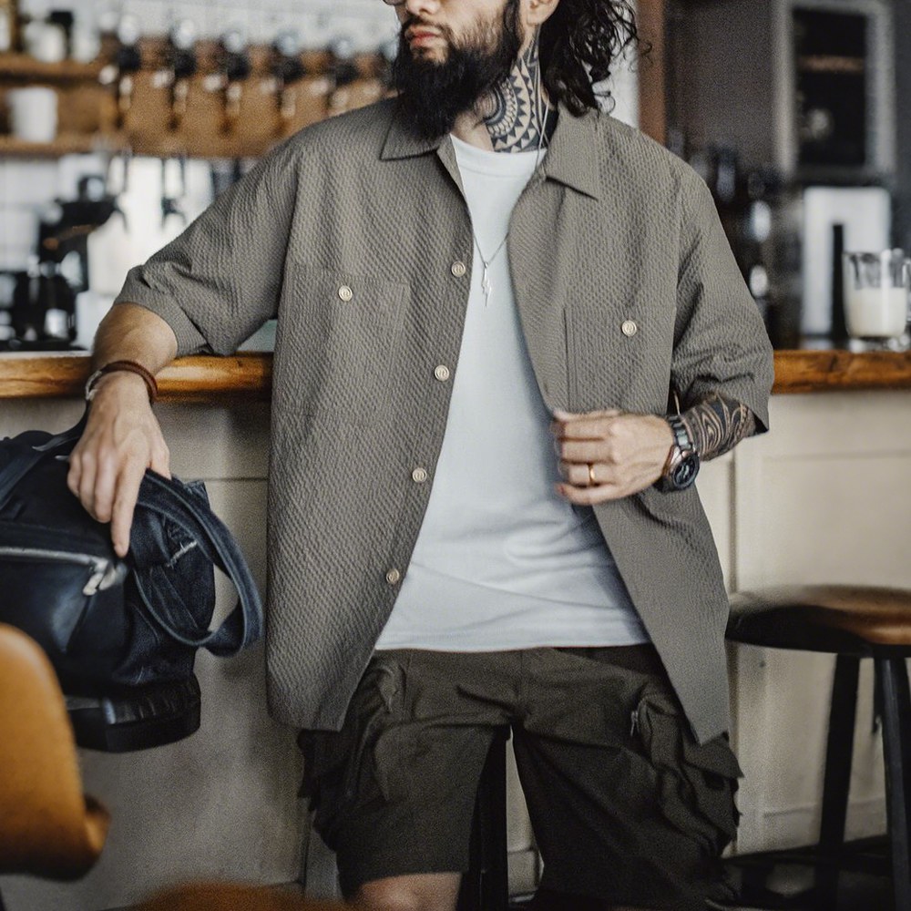 通気＆軽量シアサッカーミリタリー半袖シャツ