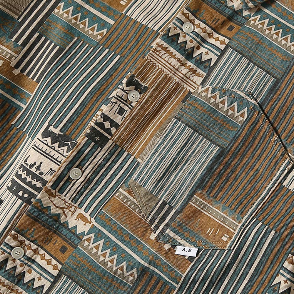 襤褸風エスニック柄パッチワークプリント　長袖シャツ