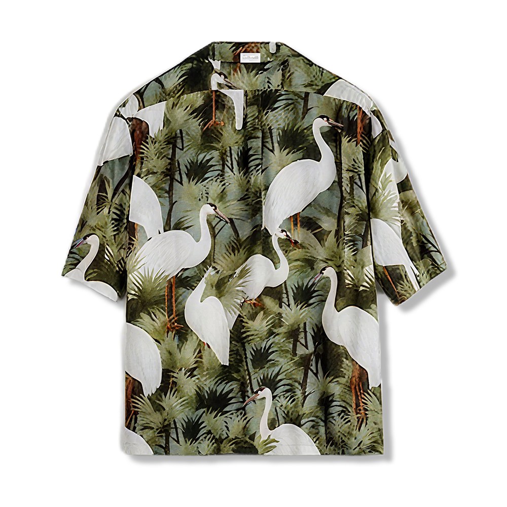 「松と鶴」プリント　シワ防止接触冷感開襟シャツ