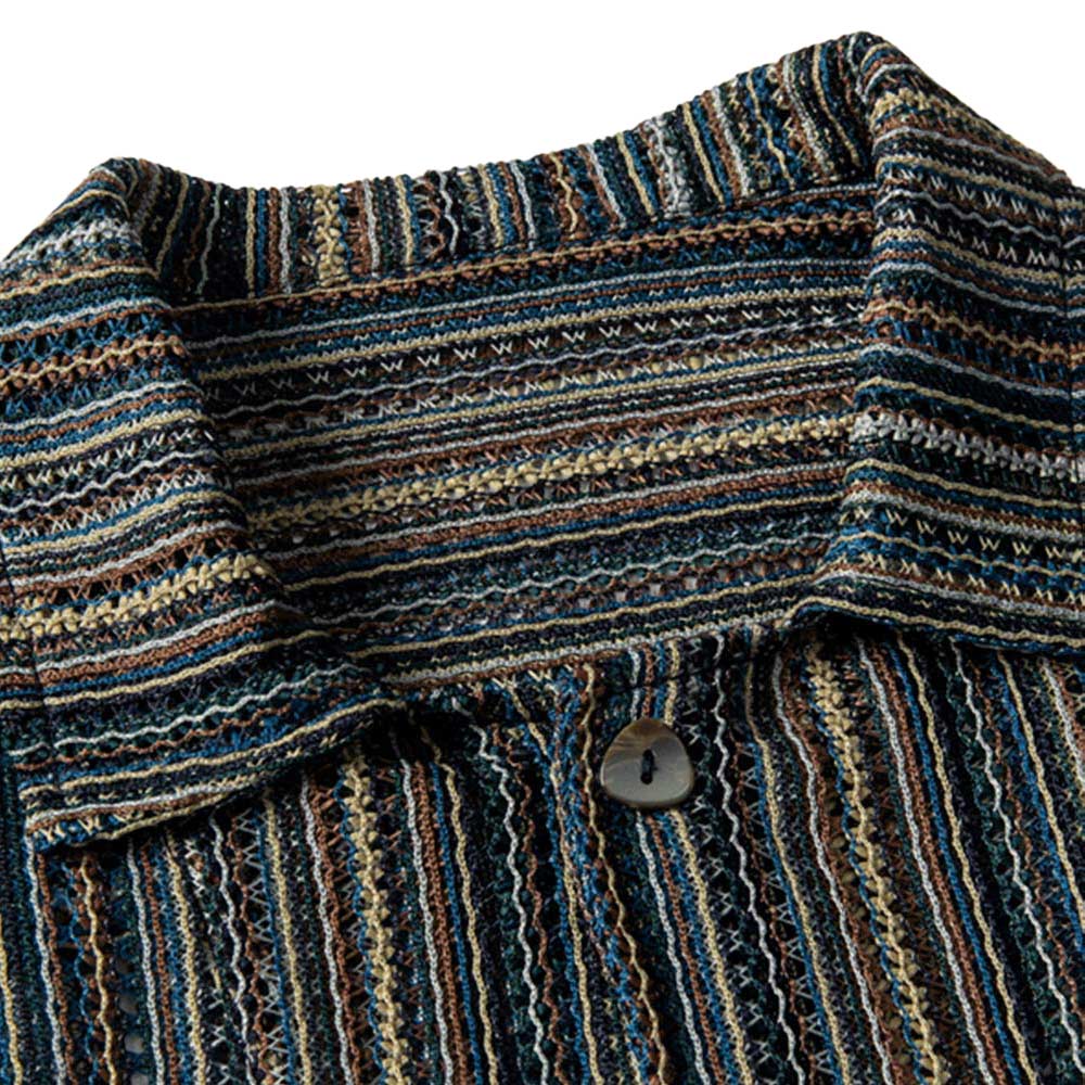 日系レトロ民族風ストライプ透かし柄半袖シャツ