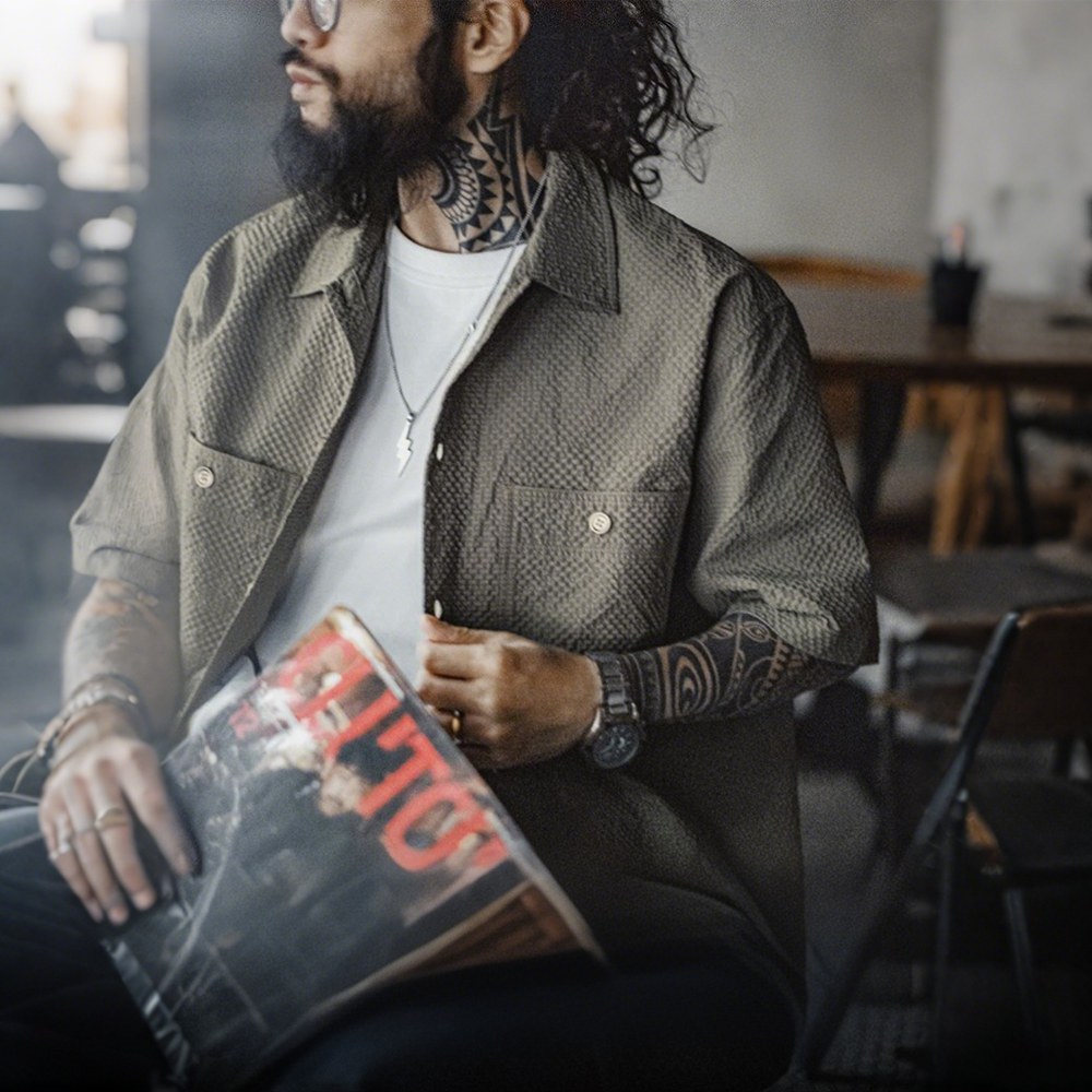 通気＆軽量シアサッカーミリタリー半袖シャツ