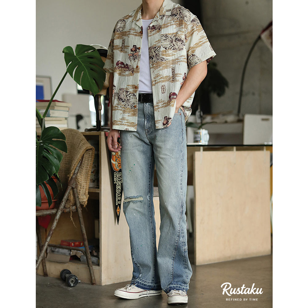 リネン混紡　浮世絵「侍の骸骨」総柄キューバシャツ