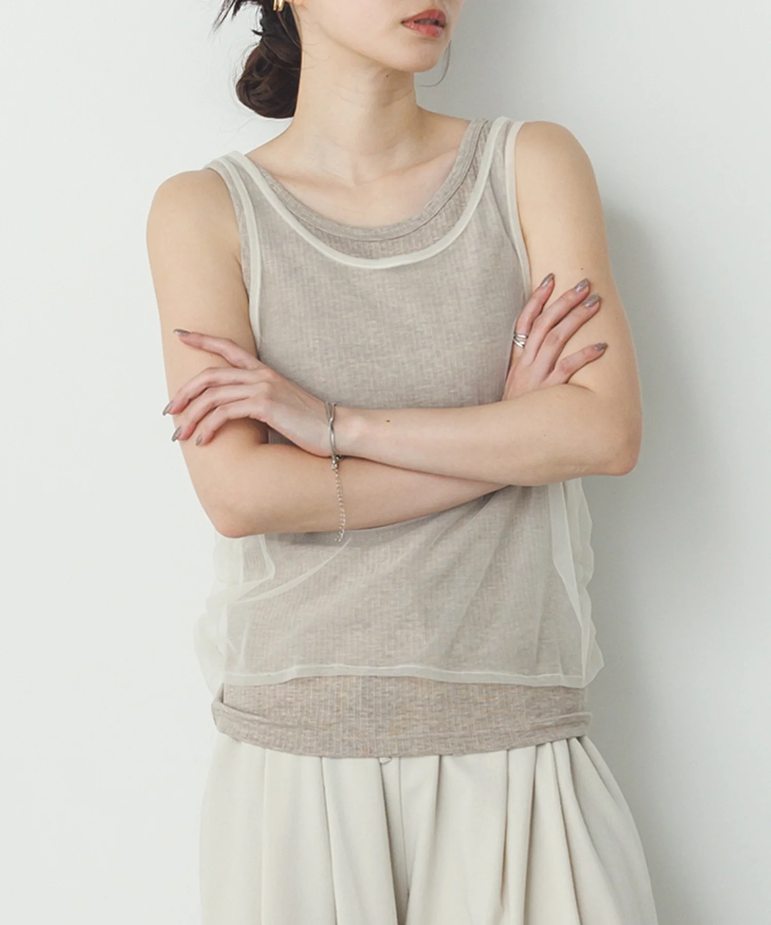 チュールレイヤード リブタンクトップ