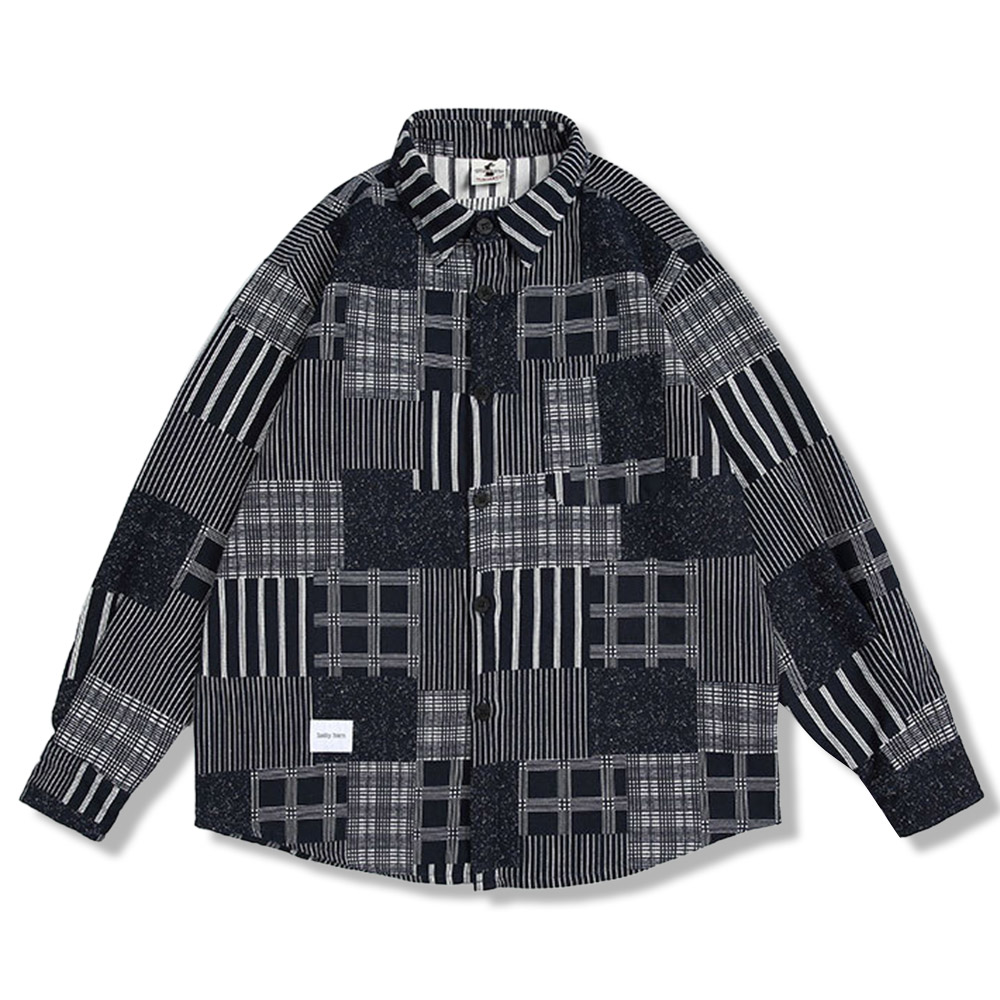 モノクロチェック切り替えプリント　 長袖シャツ