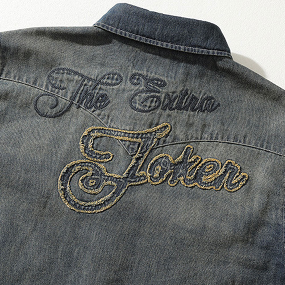 ジョーカーデビルカード　刺繍入り黄土ウォッシュデニムシャツ