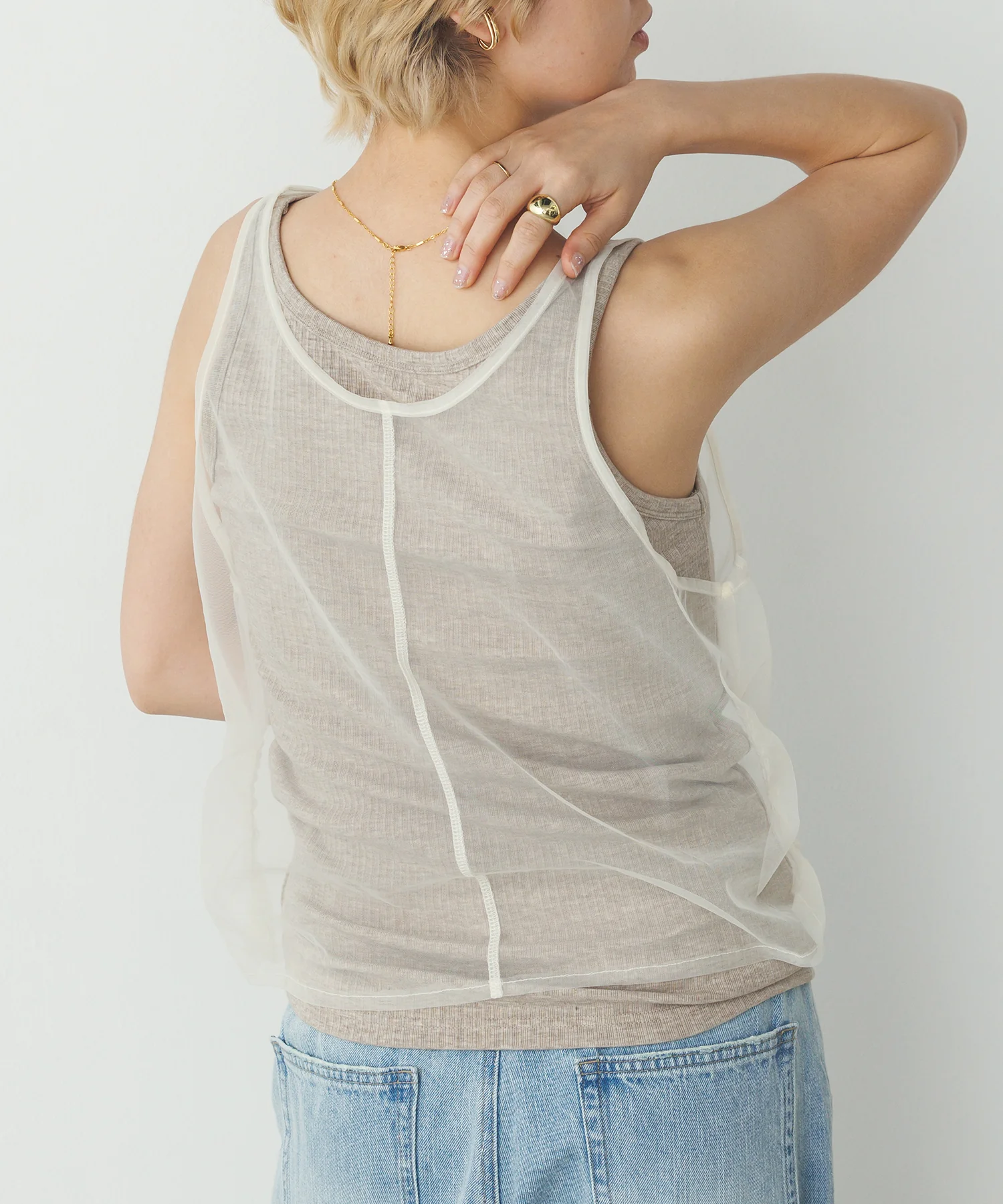 チュールレイヤード リブタンクトップ