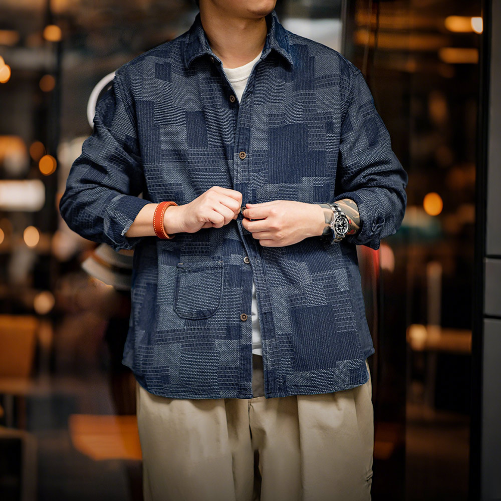 襤褸風刺し子先染めデニムシャツ