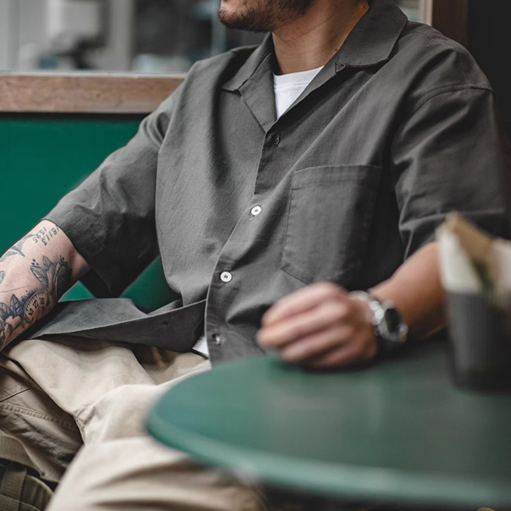 ミニマル　リネン調無地コットンシャツ半袖