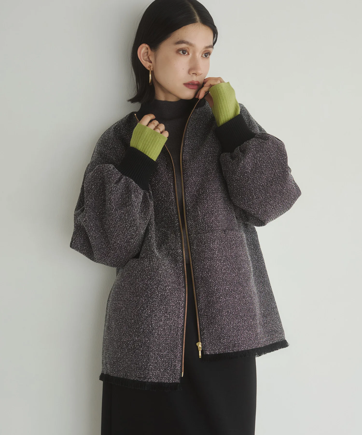 スタンドカラー ツィードブルゾン