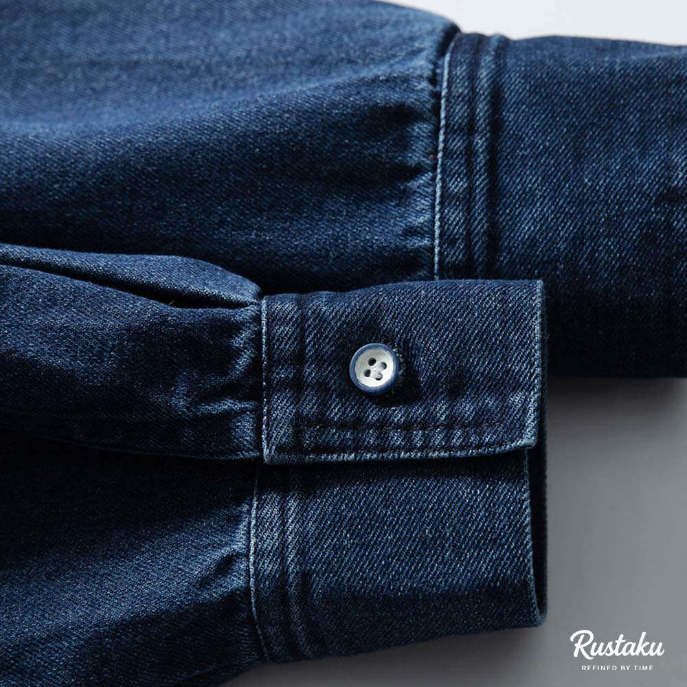 チェック切り替え折り襟デニムシャツ