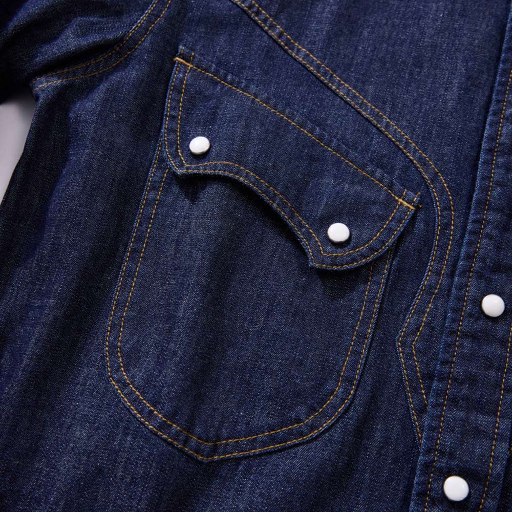 レトロパールボタン　スラブコットンウエスタンデニムシャツ