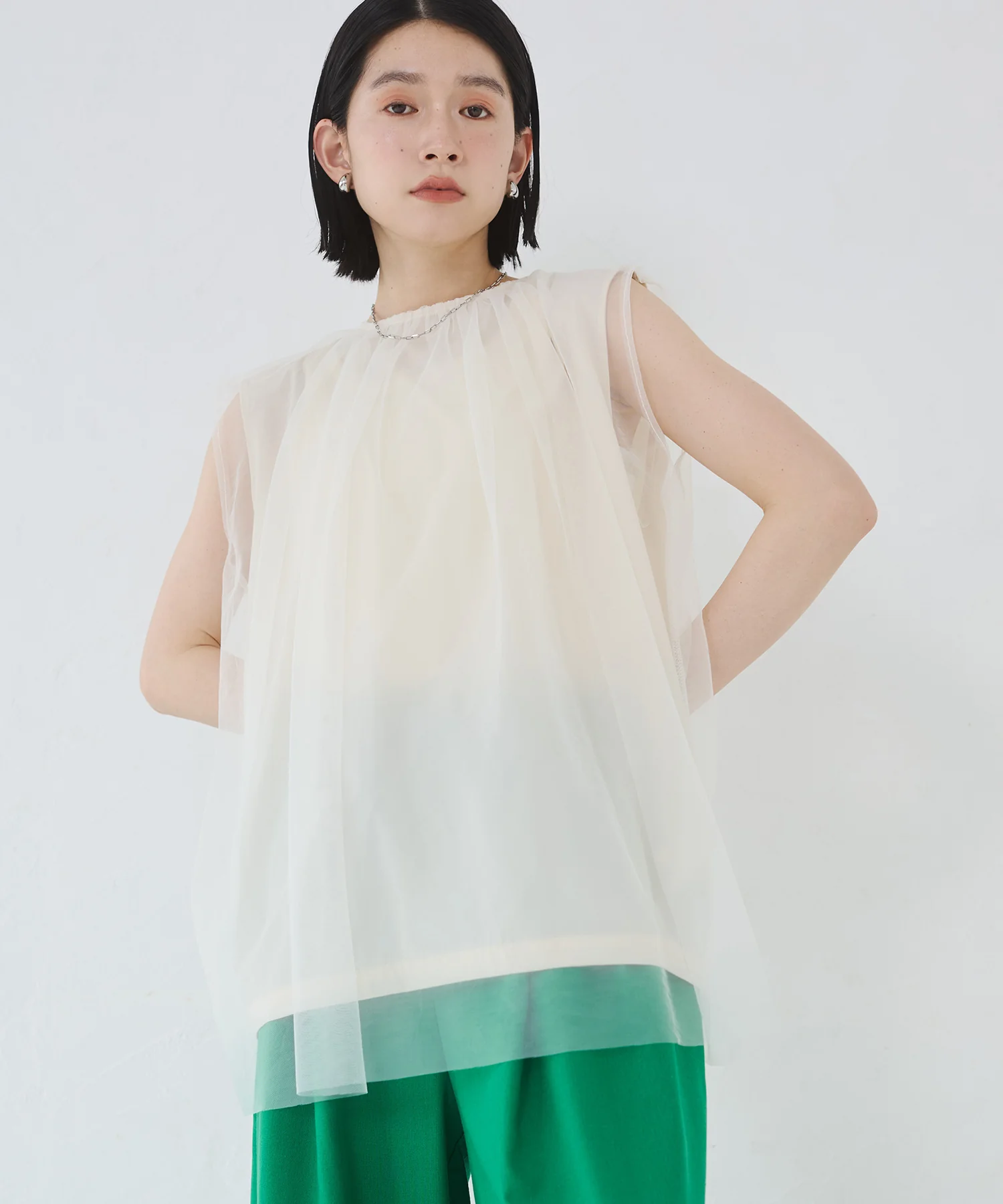 【接触冷感】チュールレイヤードトップス