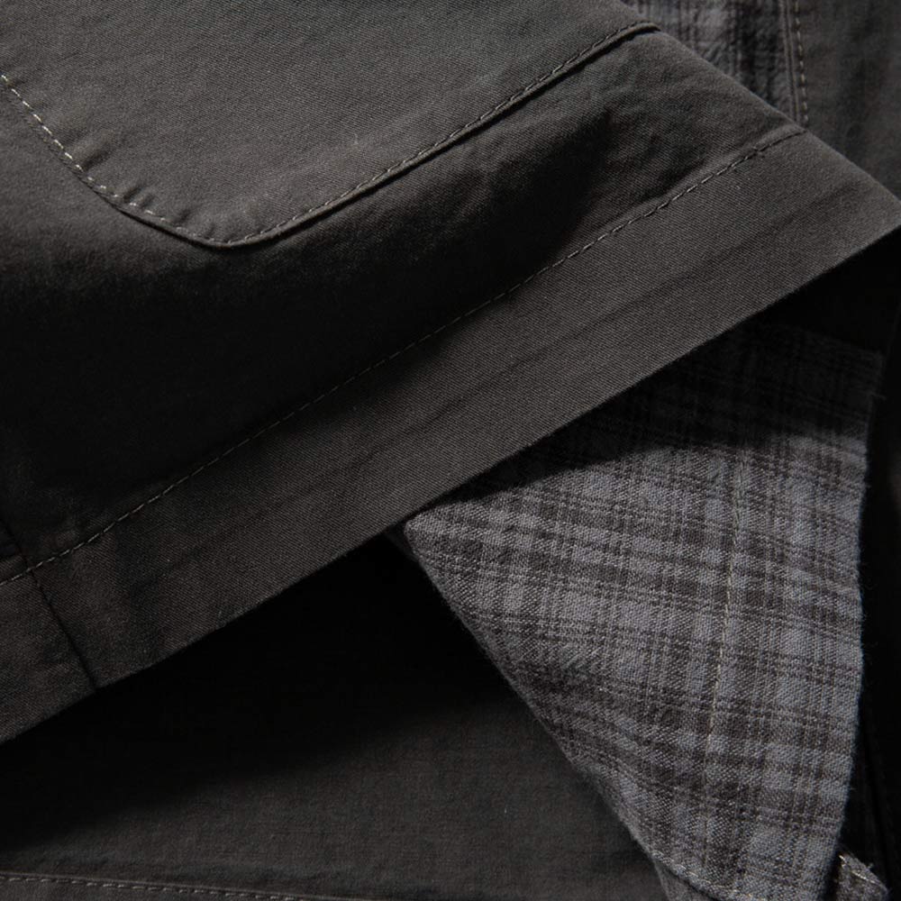 チェック柄切り替え　和風ノーカラーシャツ半袖