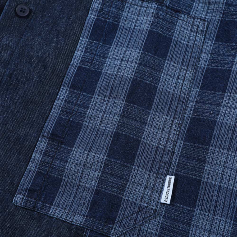 アメカジ　藍染チェック柄パッチワークシャツ