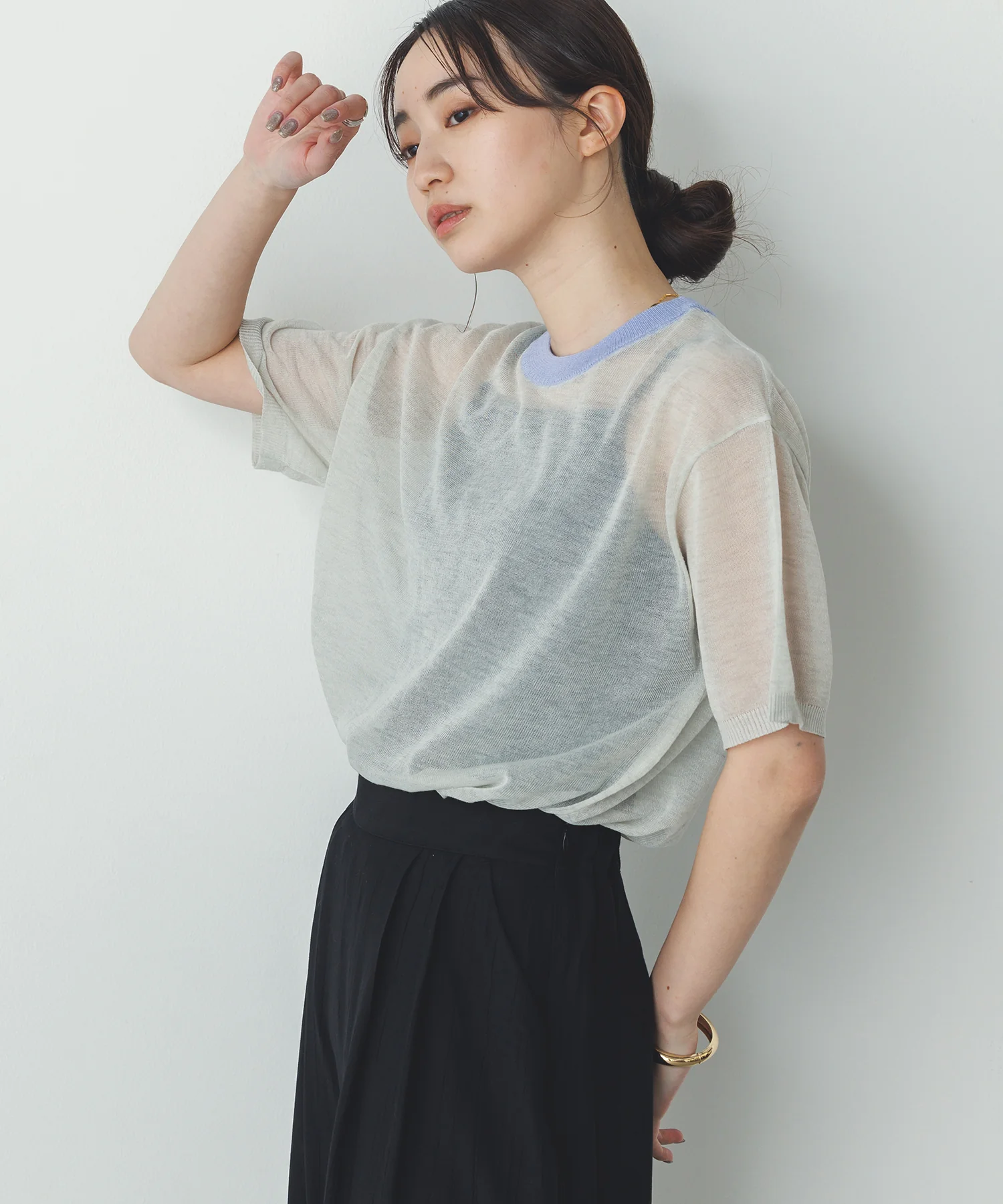 バイカラー シアー半袖ニット