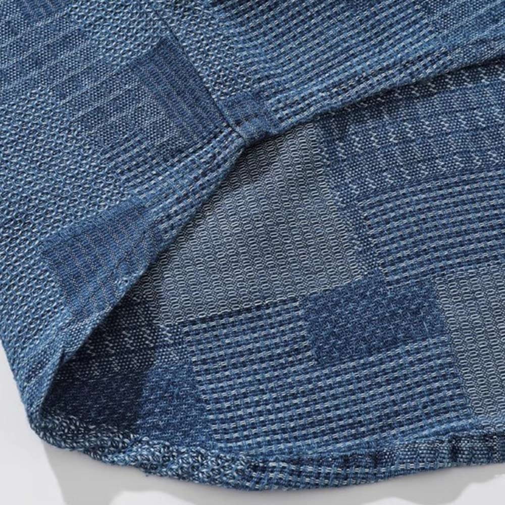 藍染めパッチワーク長袖デニムシャツ