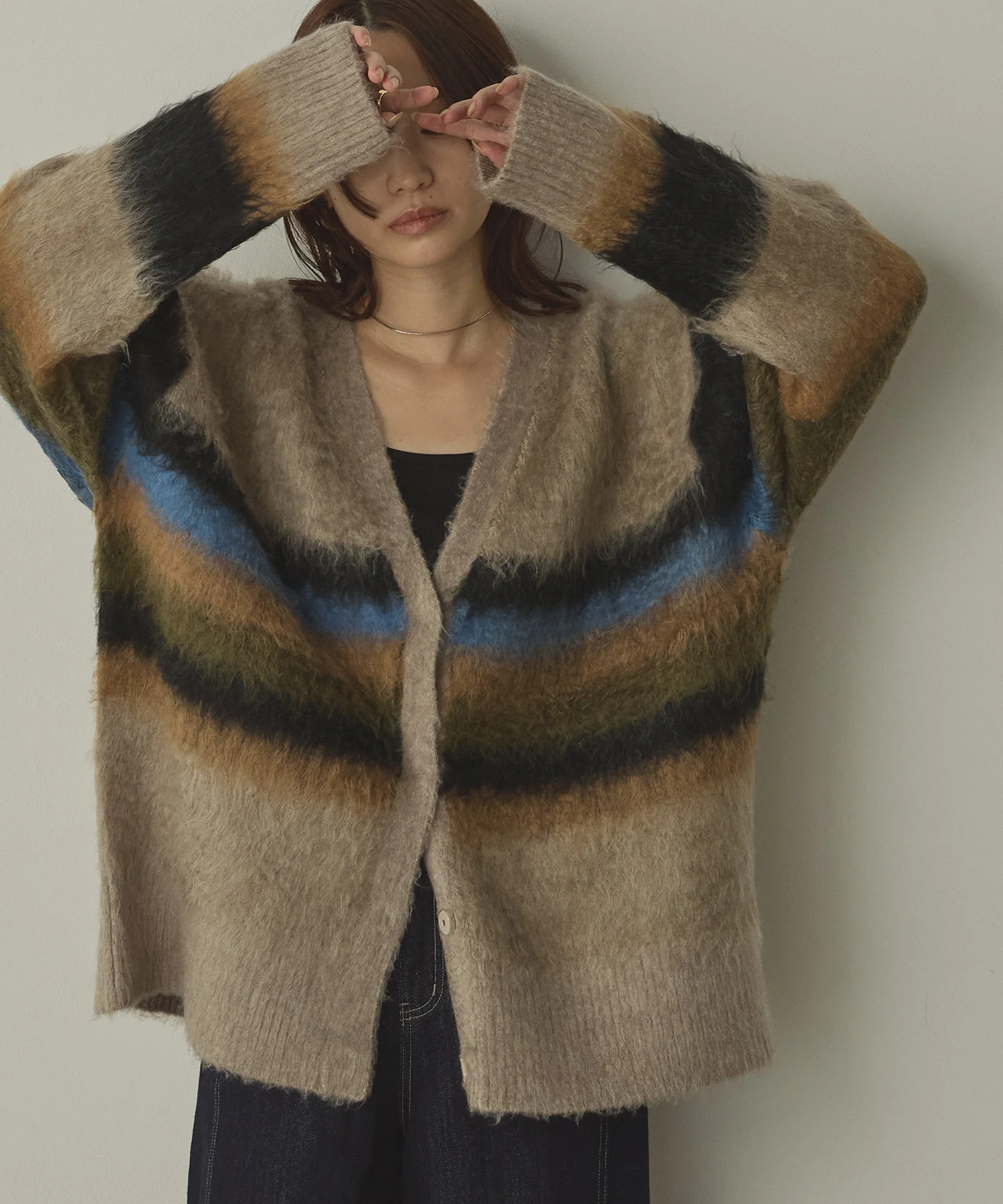 起毛シャギー ボーダーニットカーディガン