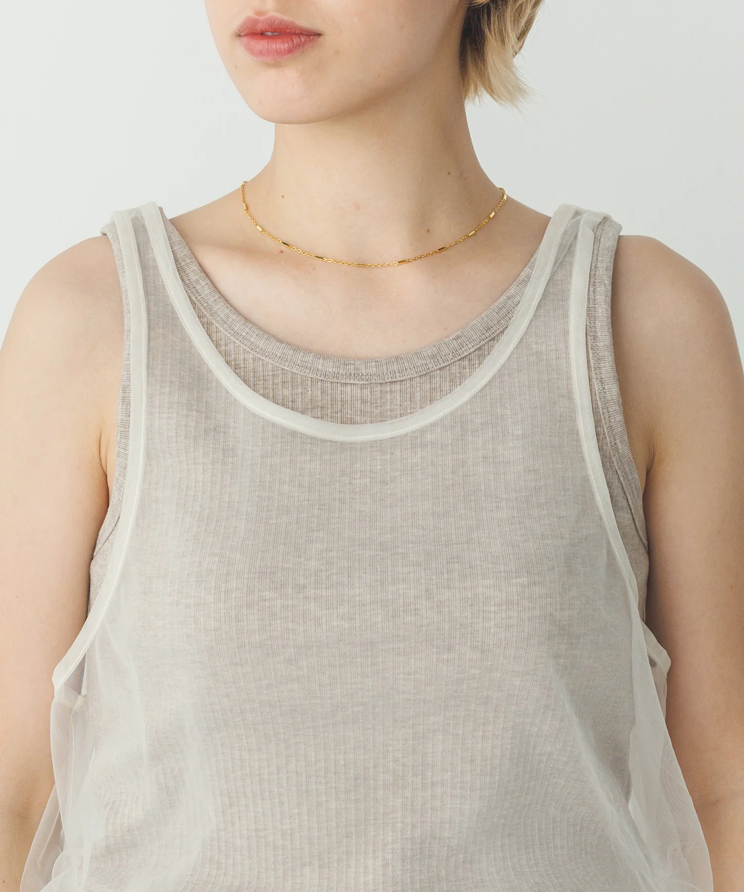 チュールレイヤード リブタンクトップ