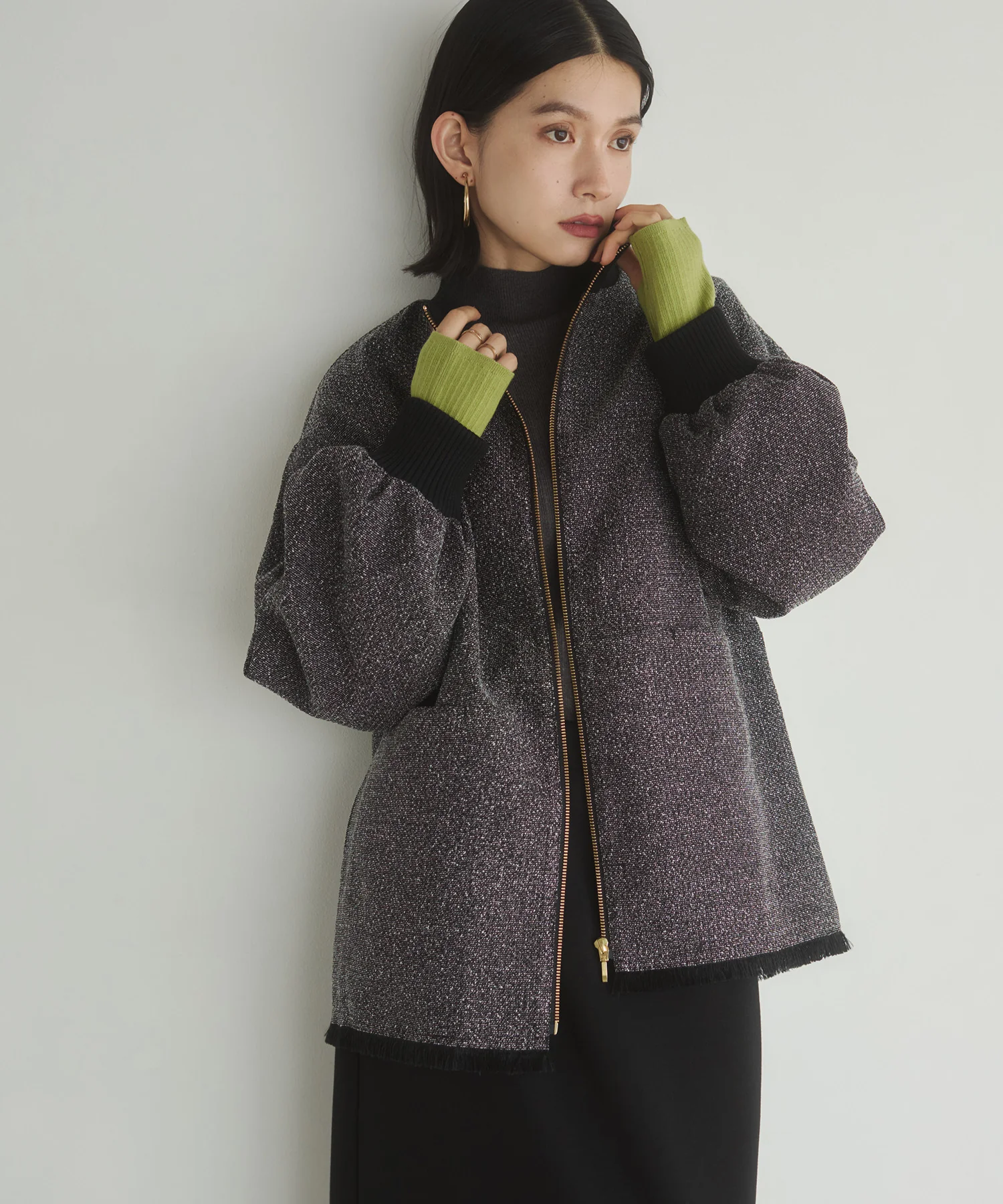 【静電気防止】やわもちヤーン 袖配色 ハイネックリブニット