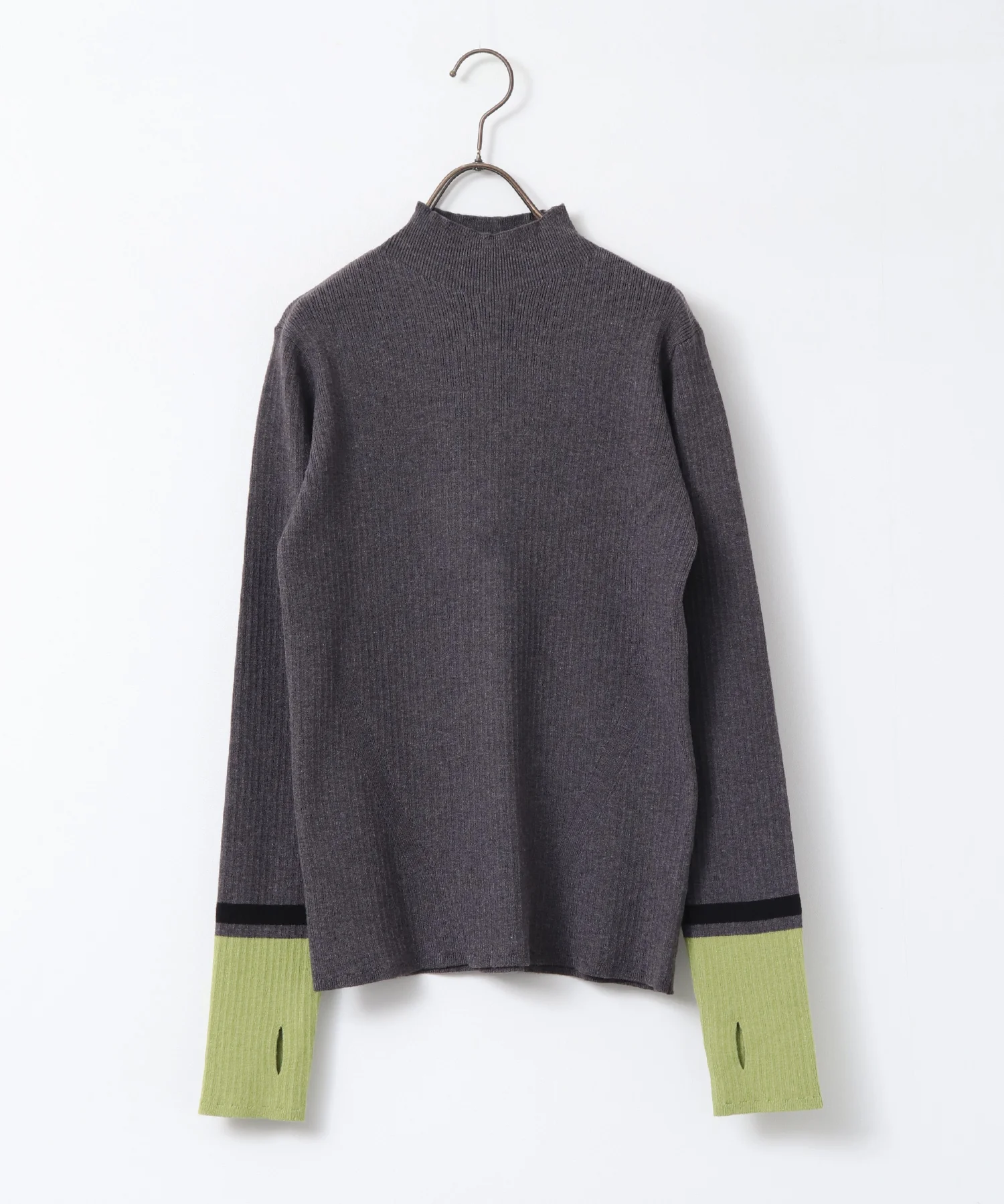 【静電気防止】やわもちヤーン 袖配色 ハイネックリブニット