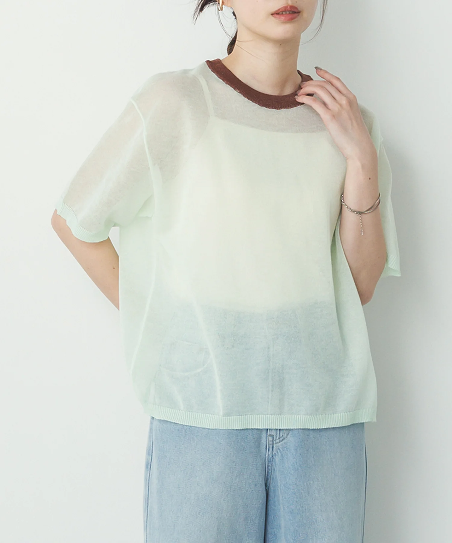 バイカラー シアー半袖ニット