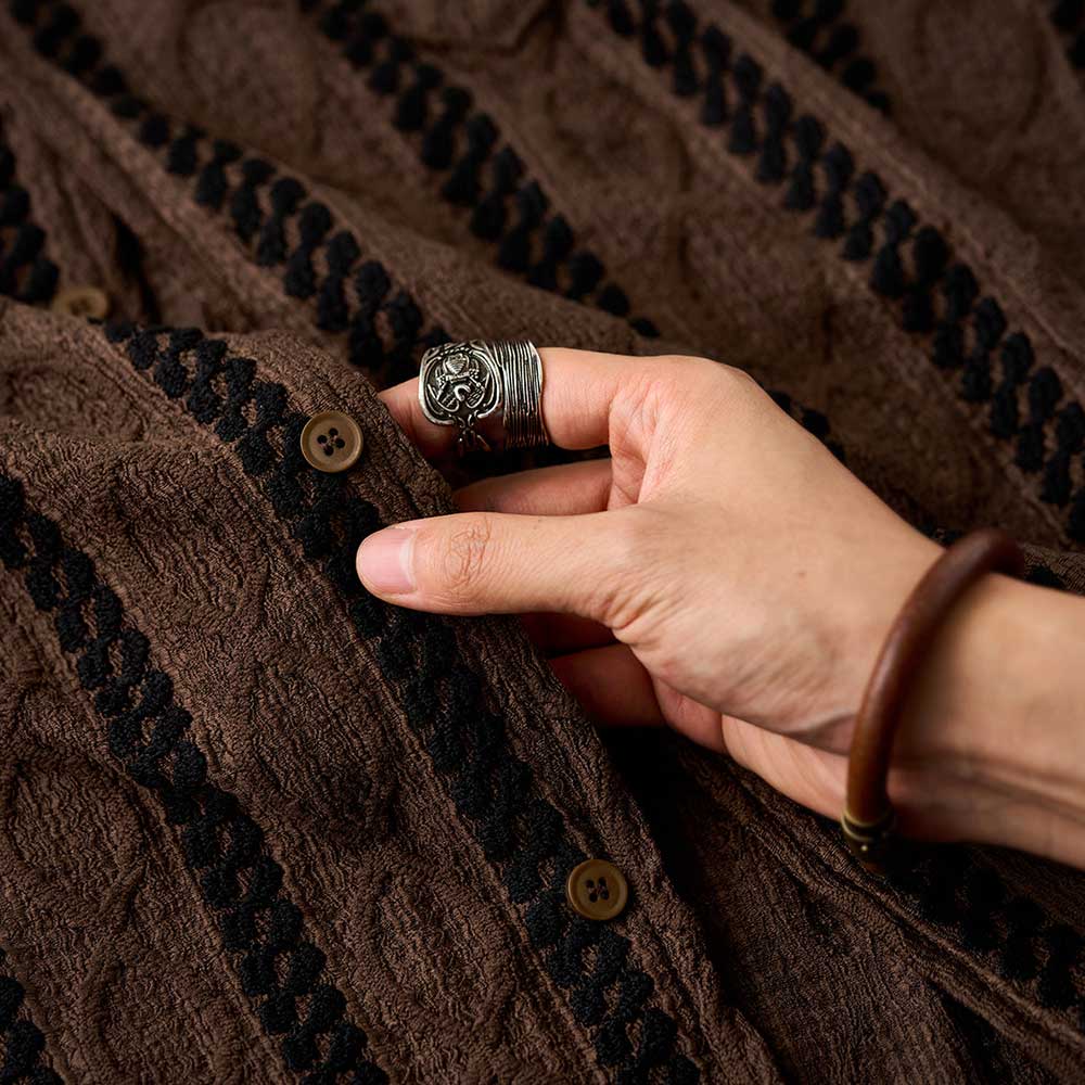 レトロエスニック調ジャカード　ストライプ長袖シャツ