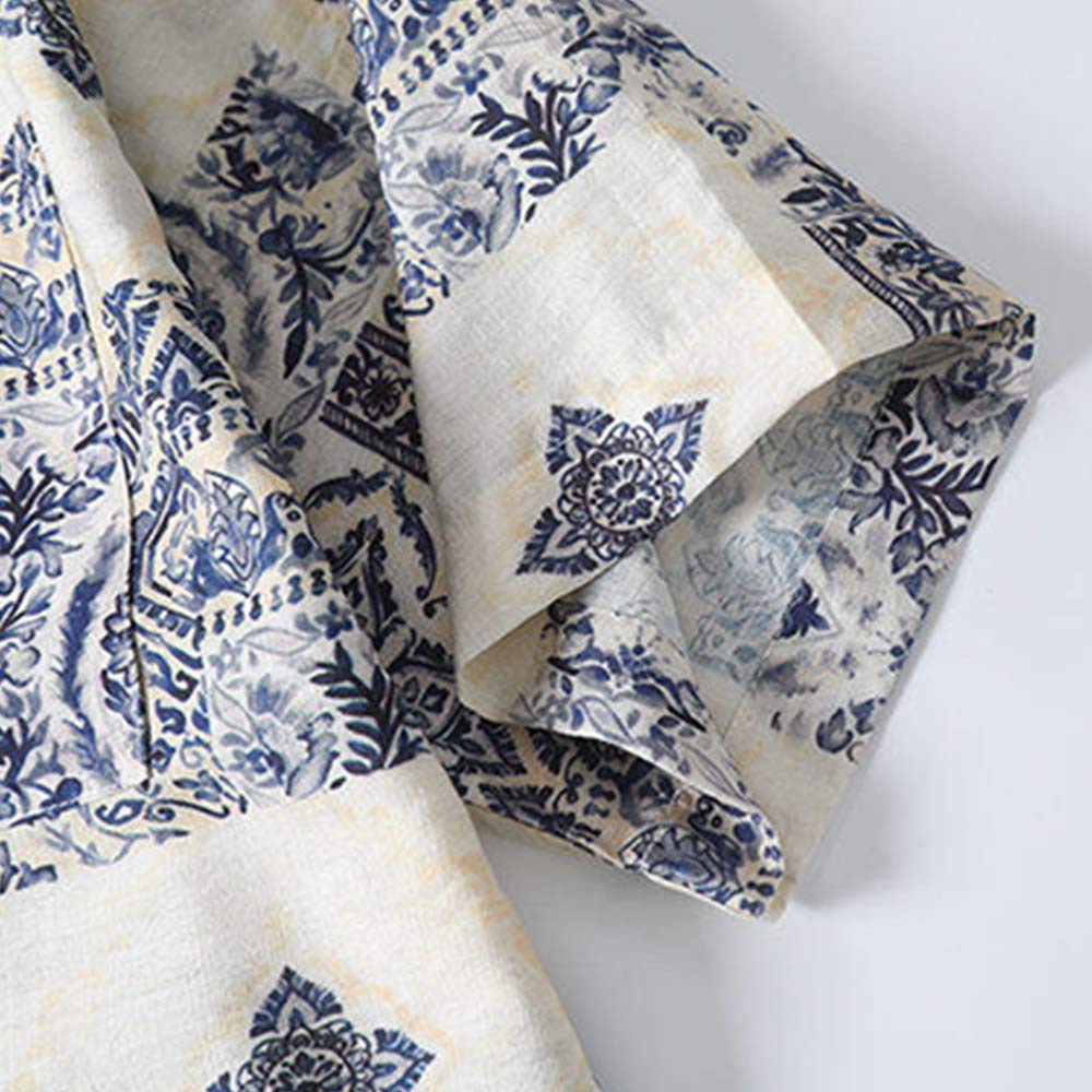 青花磁器ブルートーンプリントリネン風開襟シャツ