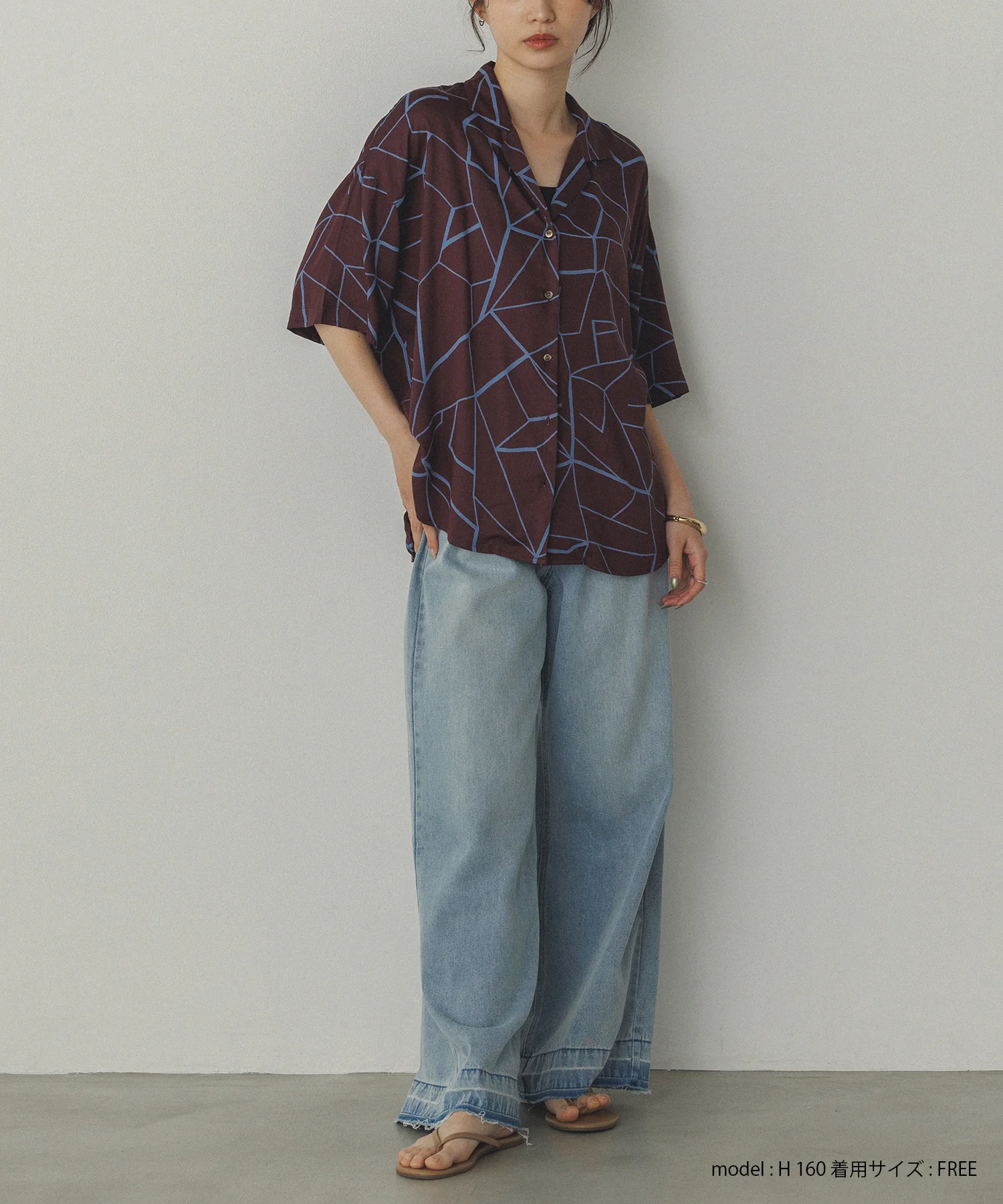 ビスコースサテン プリント開襟シャツ