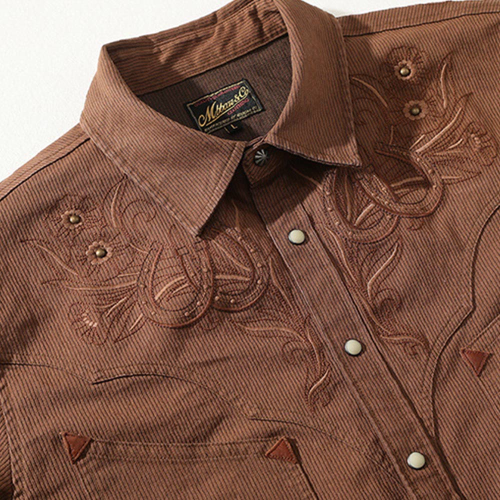 アメカジ　ウエスタンレトロ風刺繍ストライプシャツ