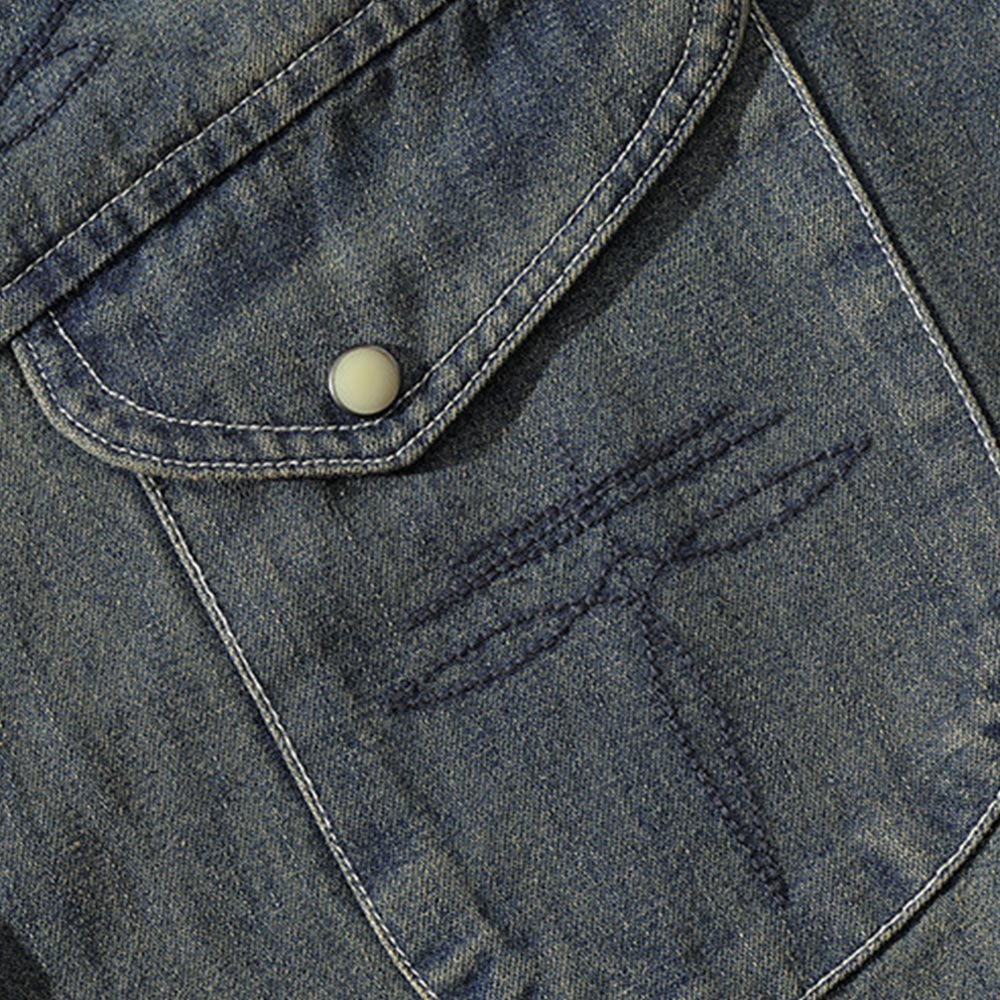 ジョーカーデビルカード　刺繍入り黄土ウォッシュデニムシャツ