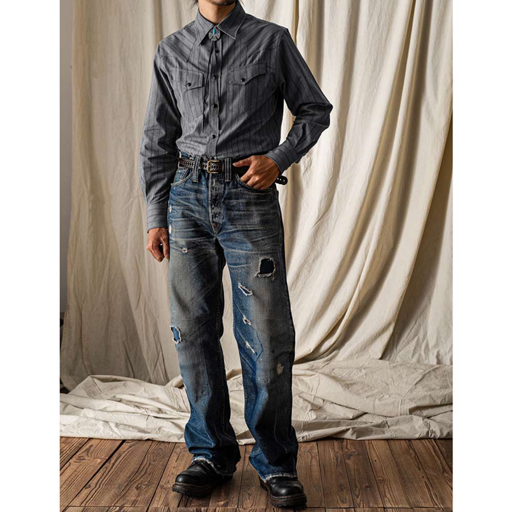 四色織り　コットン杢調ストライプ ウエスタンシャツ