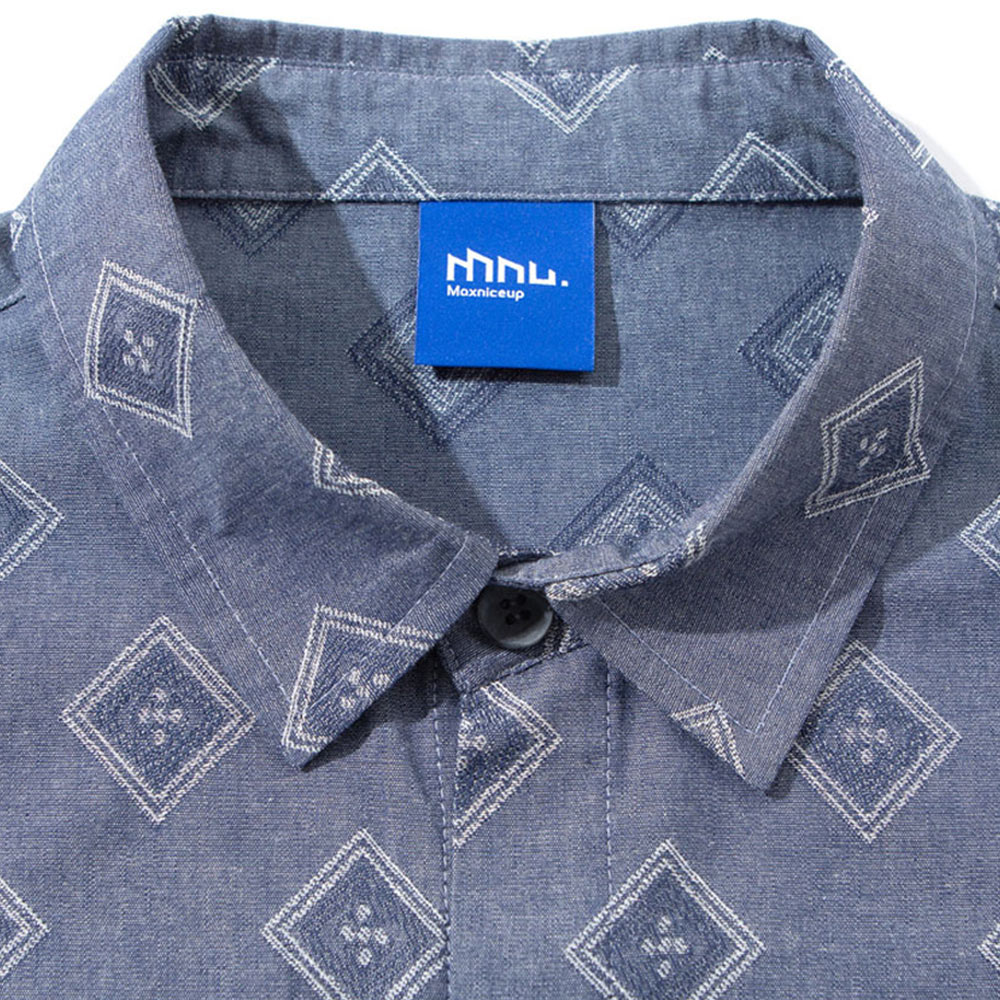 和風シンプルデザイン　レトロな幾何学ジャカード長袖シャツ