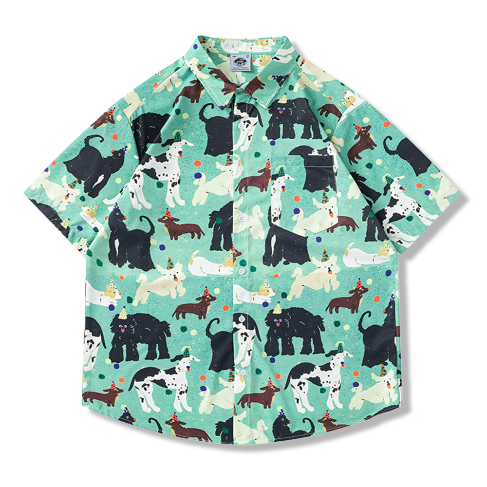 原宿風　犬総柄プリント半袖シャツ