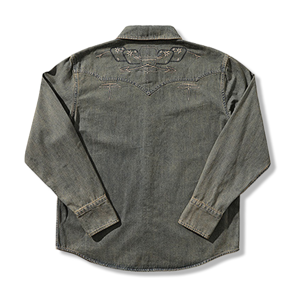 アメカジ刺繍ウォッシュデニムシャツ長袖