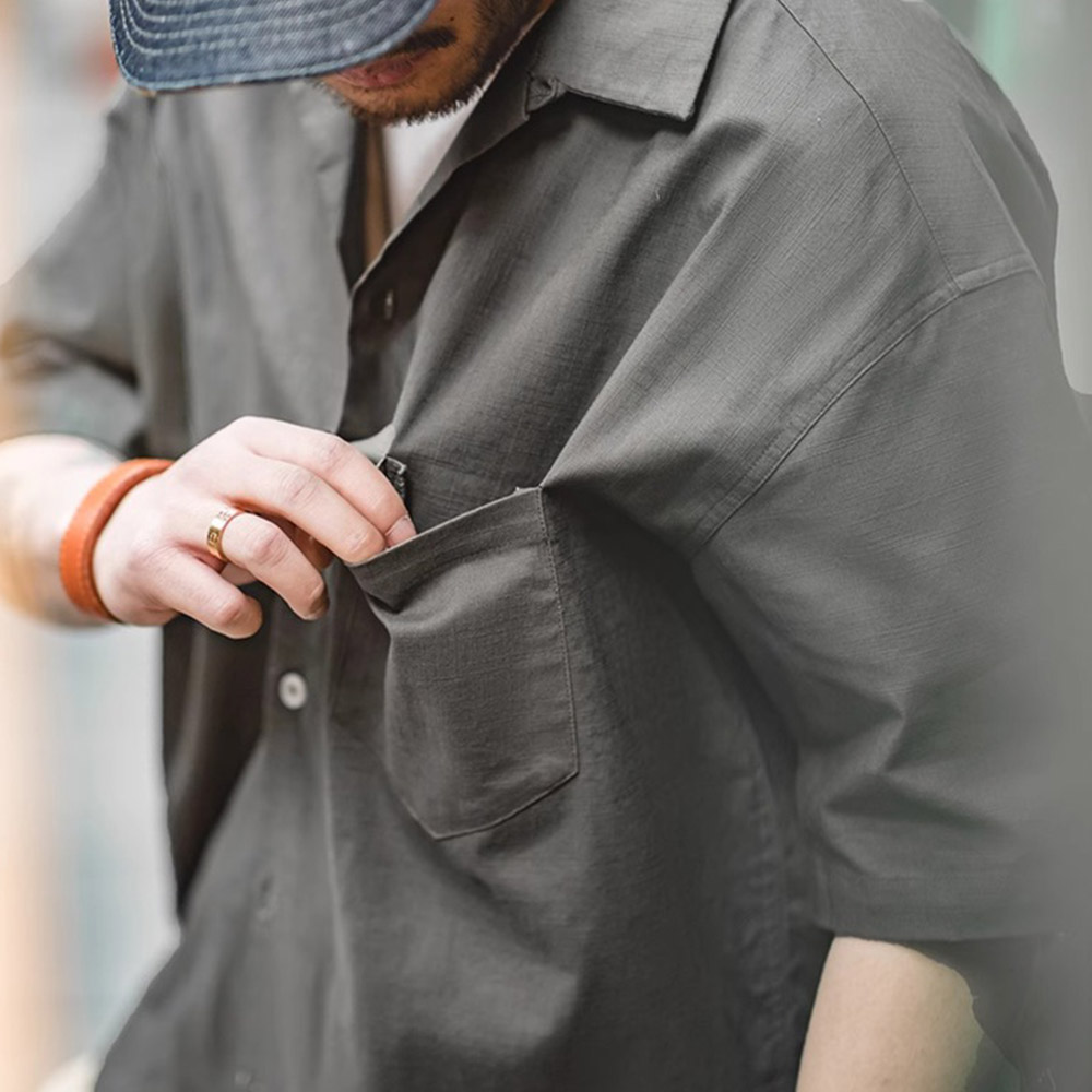 ミニマル　リネン調無地コットンシャツ半袖