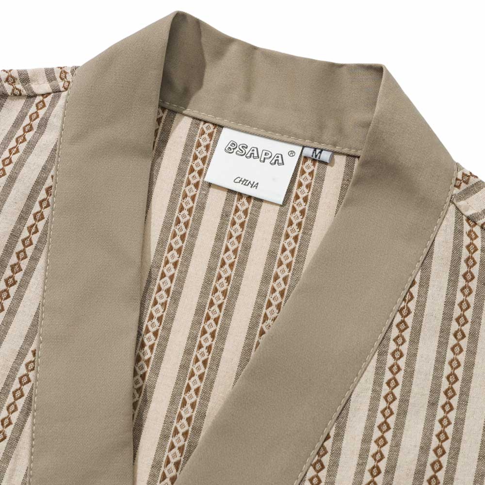 レトロ風ジオメトリックストライプニットシャツ半纏風