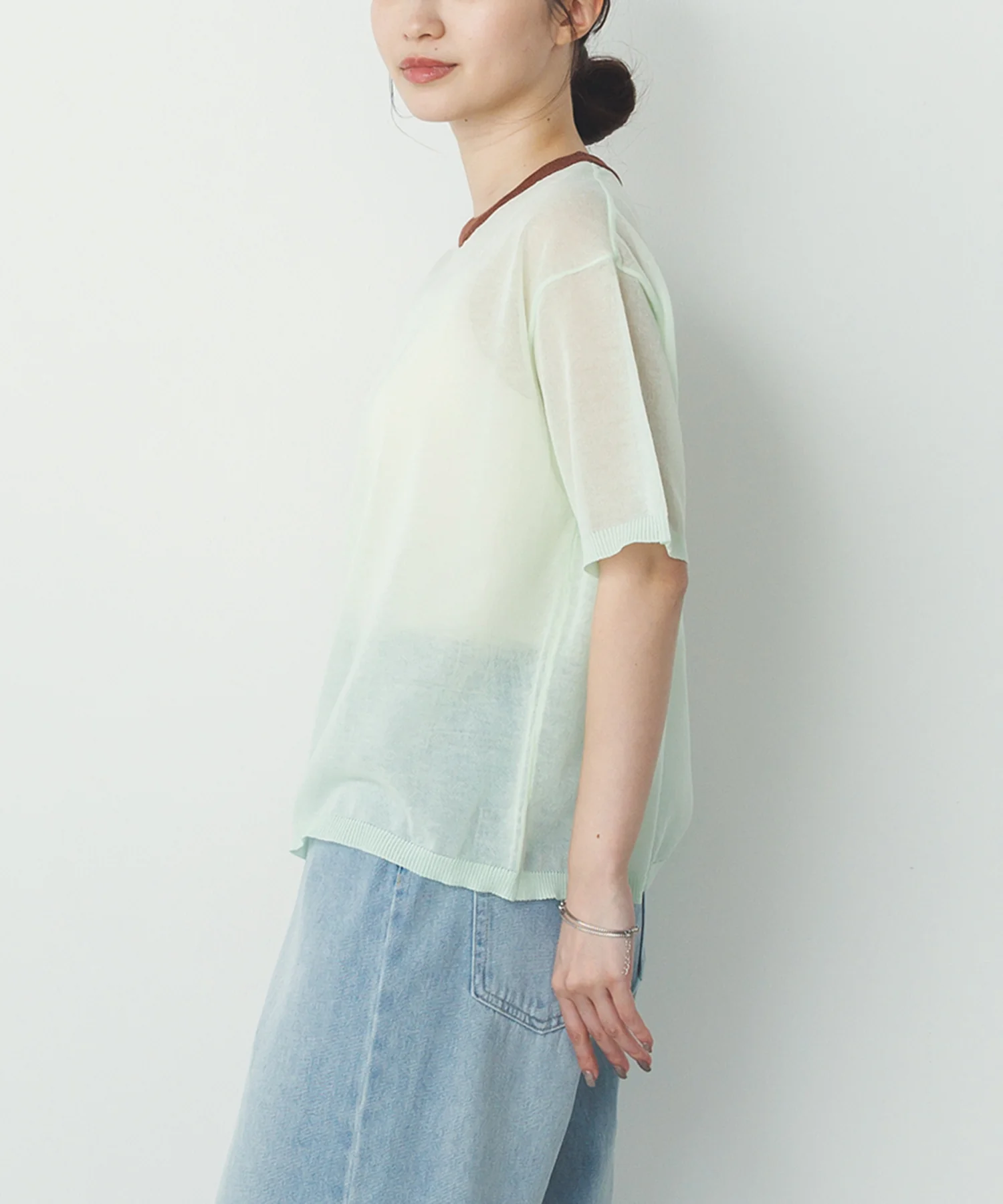 バイカラー シアー半袖ニット