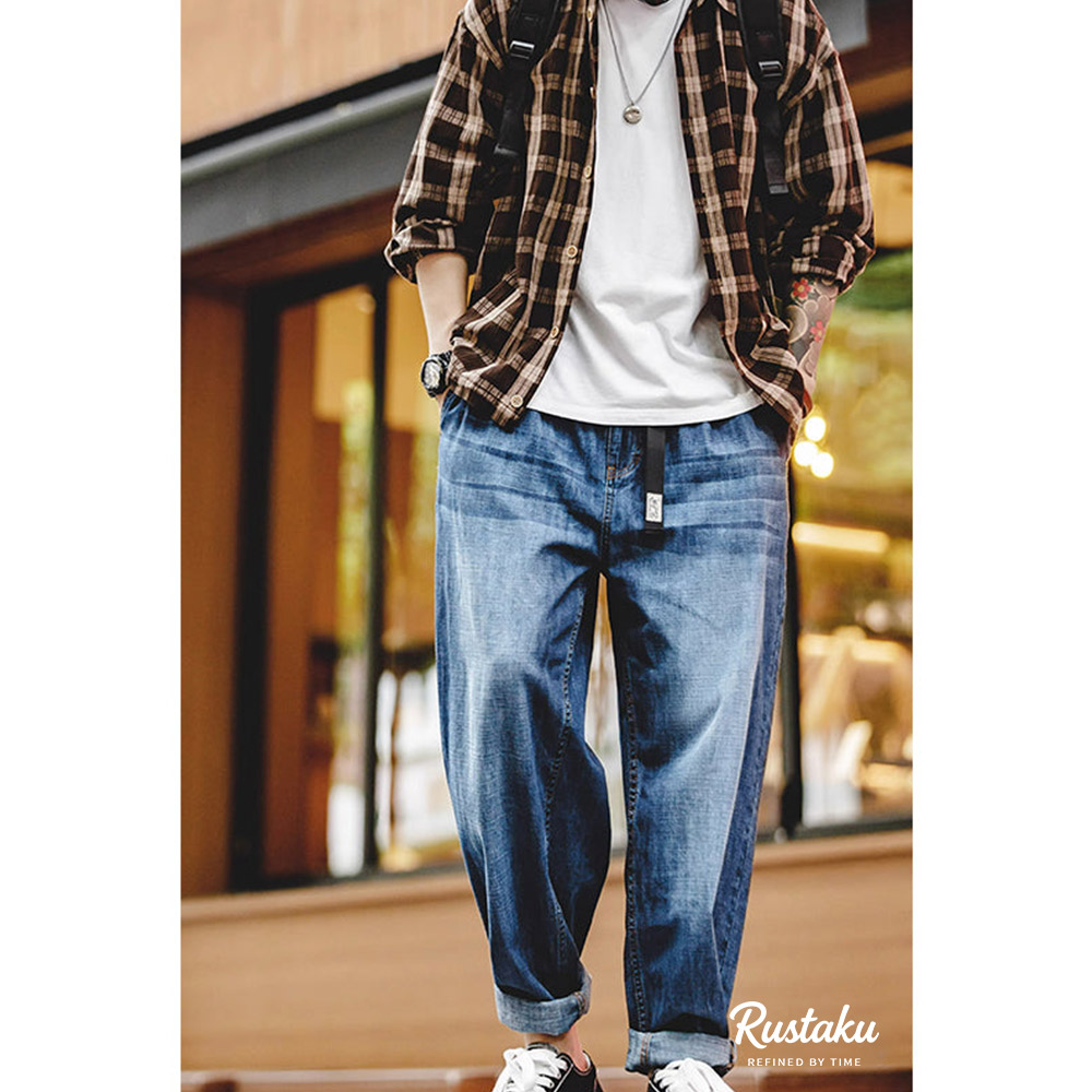 7.8オンス薄手ヒゲ加工ウォッシュデニムパンツ