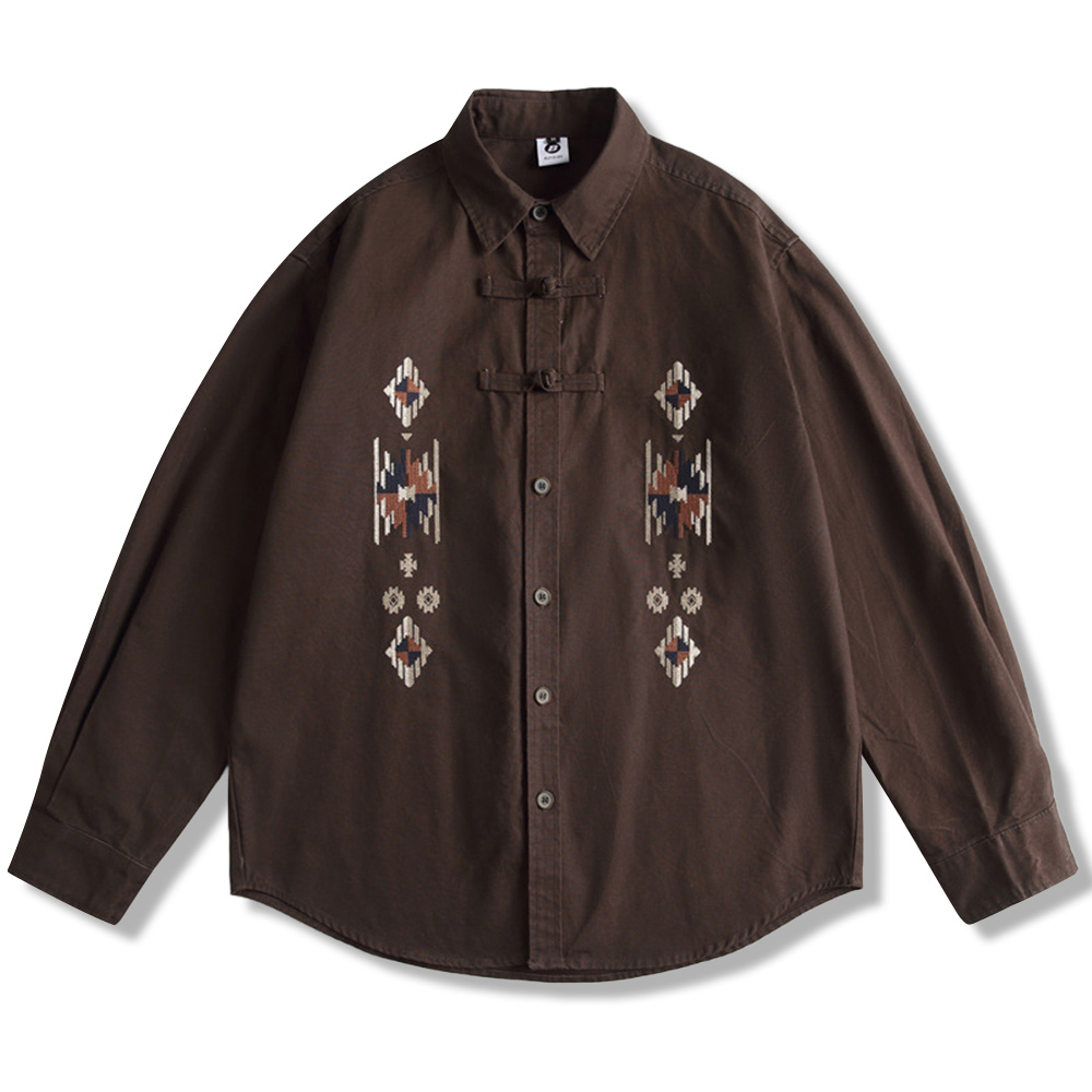 エスニック調ハンドメイドボタン　ペイズリークロスステッチ刺繍シャツ