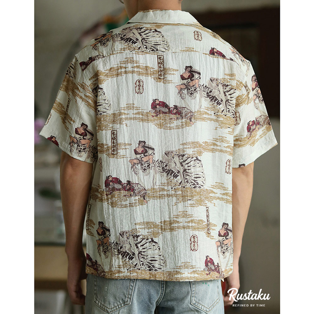 リネン混紡　浮世絵「侍の骸骨」総柄キューバシャツ